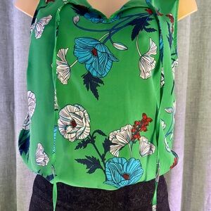 CAbi Green Floral Blouse with Blue and White Accents